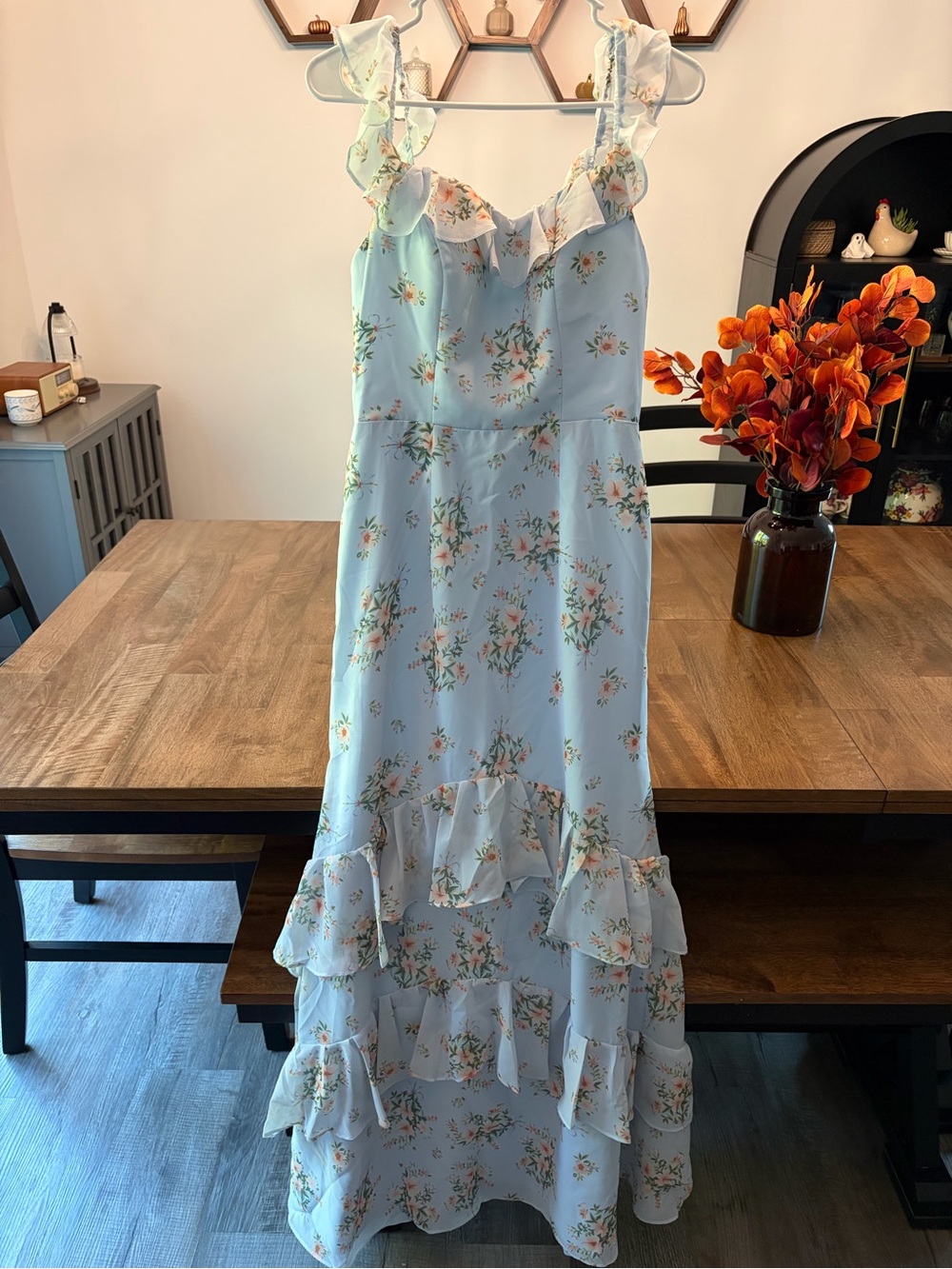 (NEW!) Light Blue Floral Ruffle Maxi Dress with Tiered Skirt